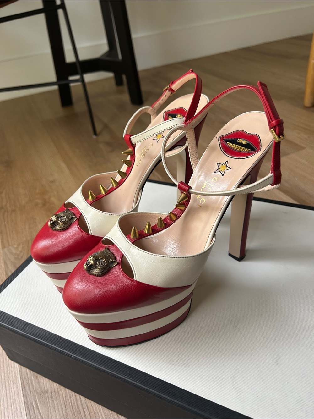 Gucci Red and White Stripe Platform Heels with Stud and Emblem Detail